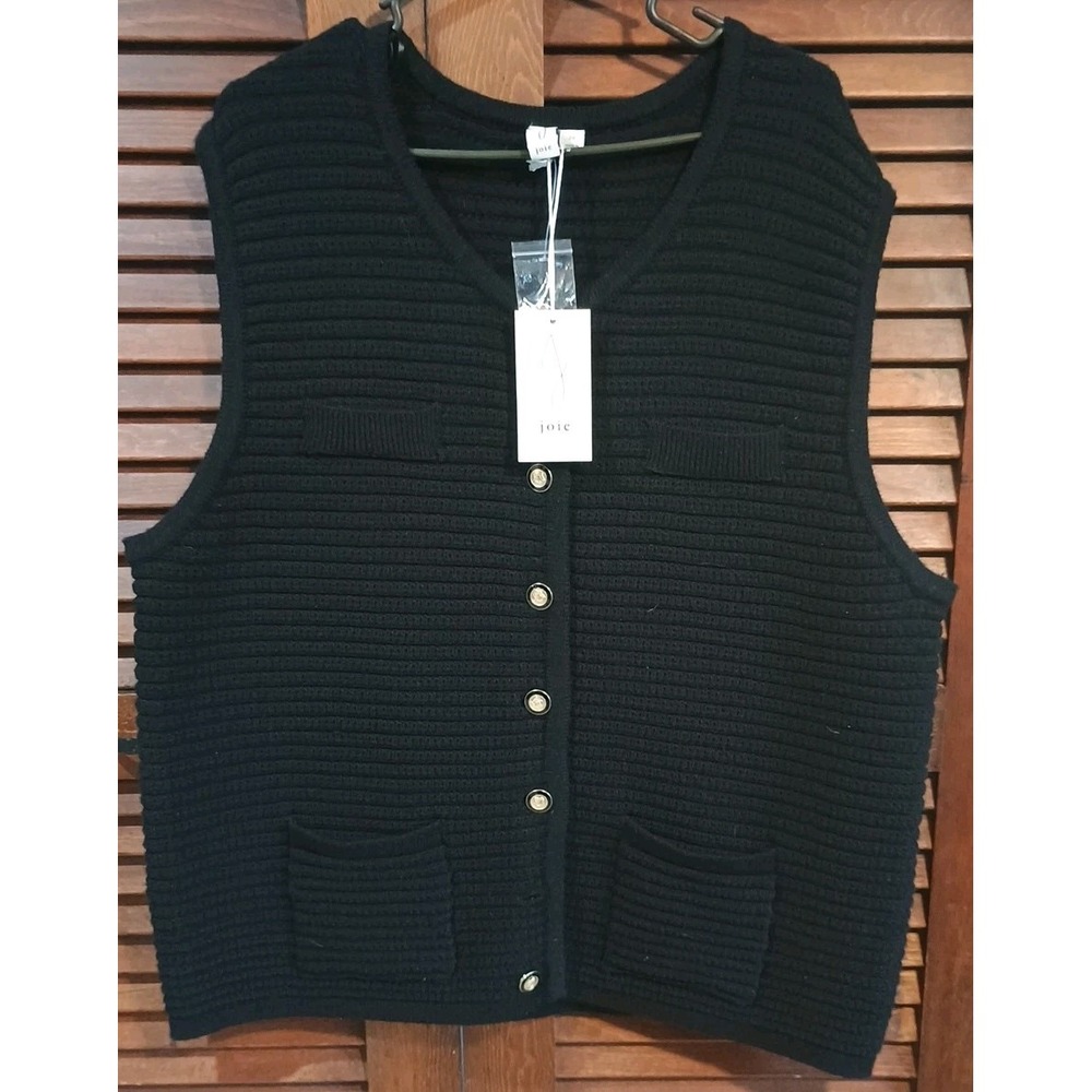 NWT JOIE Gold Button Cable Knit Sweater Vest W Pockets‎ Black Women's Sz 2X